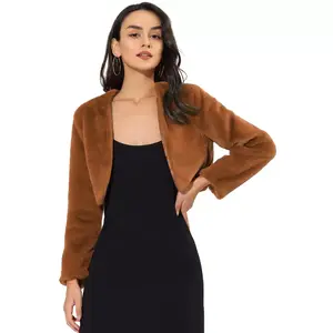 Allegra K Women's Cropped Open Front Collarless Long Sleeve Wedding Gown Faux Fur Jacket Medium Brown