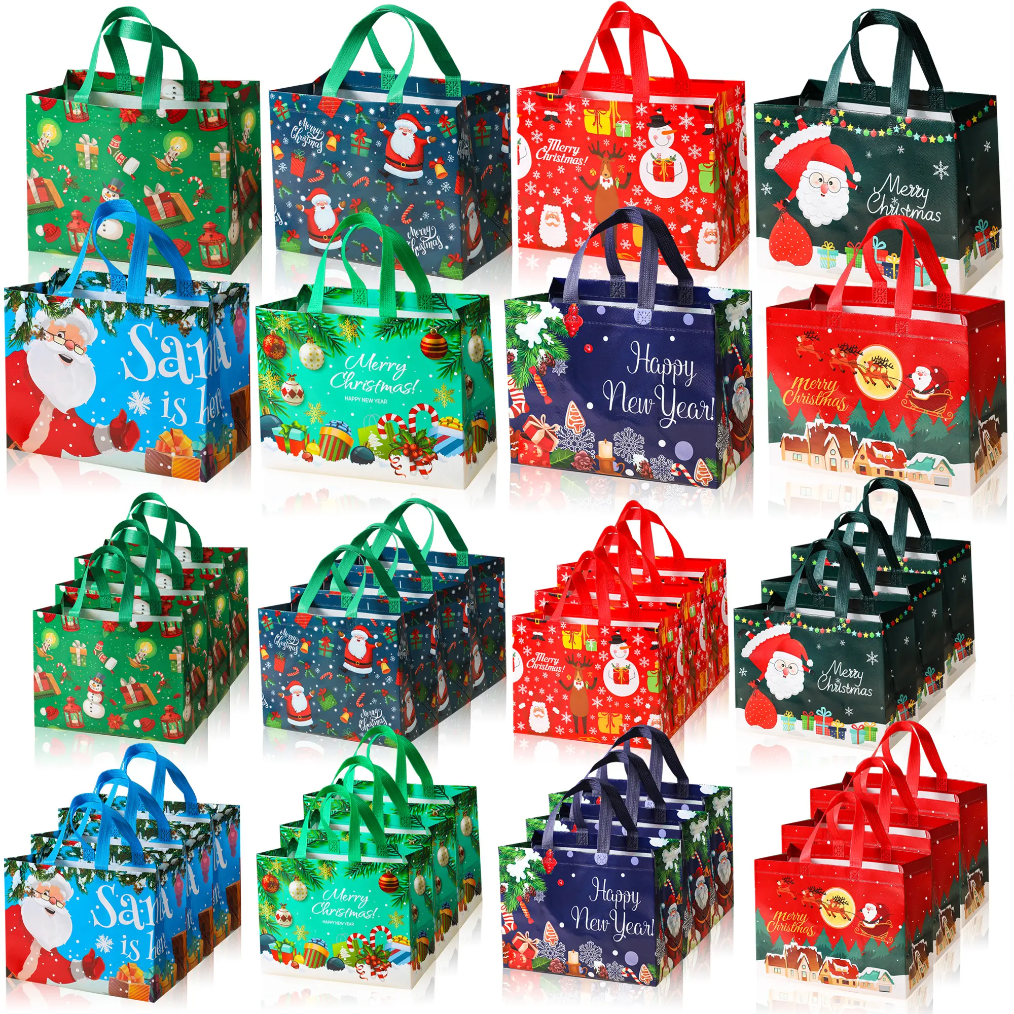 24 Large Christmas Gift Bags, Loot Bags, Goody Bags with Santa Reindeer Snowman Designs, Perfect for Holiday Parties and Surprises, Vibrant Colors, Party Favors Assortment, Party Gift Packs, Festive Supplies