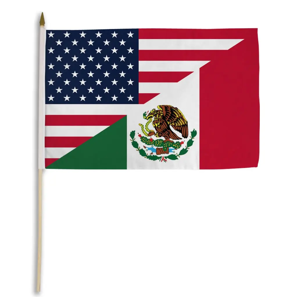 12x18in Handmade USA-Mexico Combination Stick Flag, Synthetic Wooden-Plastic Construction, Bright Print Banner for Home Decor, Festive Party Backdrops