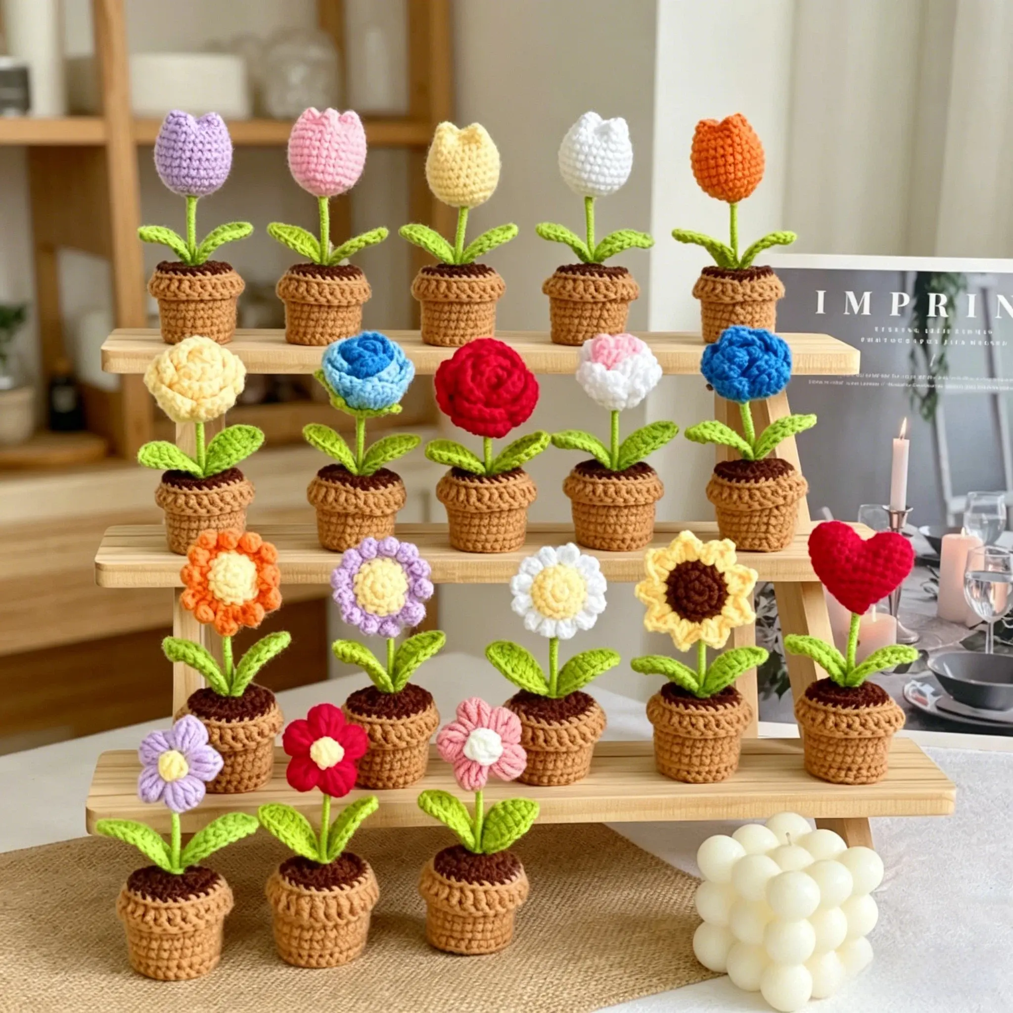 Handmade Crocheted Yarn Mini Faux Flower Single Pot Plant - Table Decoration, Daily Desktop Decor, Cozy Desk Accent, Tiny Gift Idea for Home Supplies, Mini Size