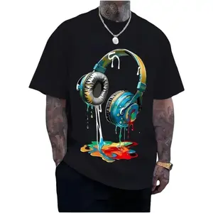 Oversized Tshirt Women Men's Navy Blue Cotton T-Shirt with Vibrant Headphone Graphic Print Casual Street Style Short Sleeve Round Neck Machine Washable 100% Cotton Perfect for Summer Fashion and Casual Attire