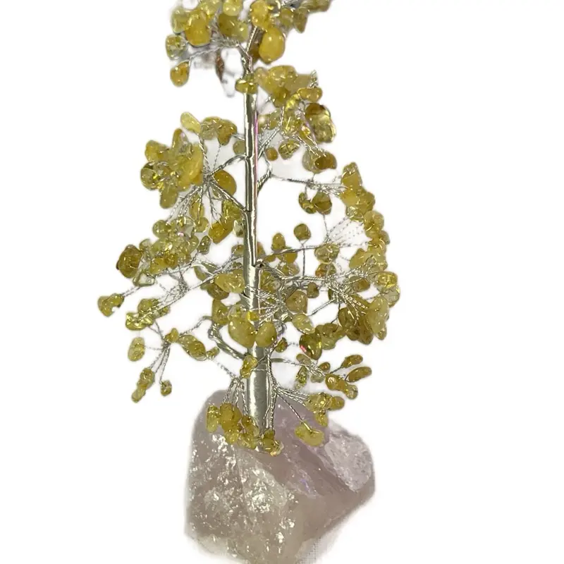 Citrine Crystal Money Tree on Rose Quartz Base - Decorative Gemstone Plant with Golden Leaves and Natural Rock Base