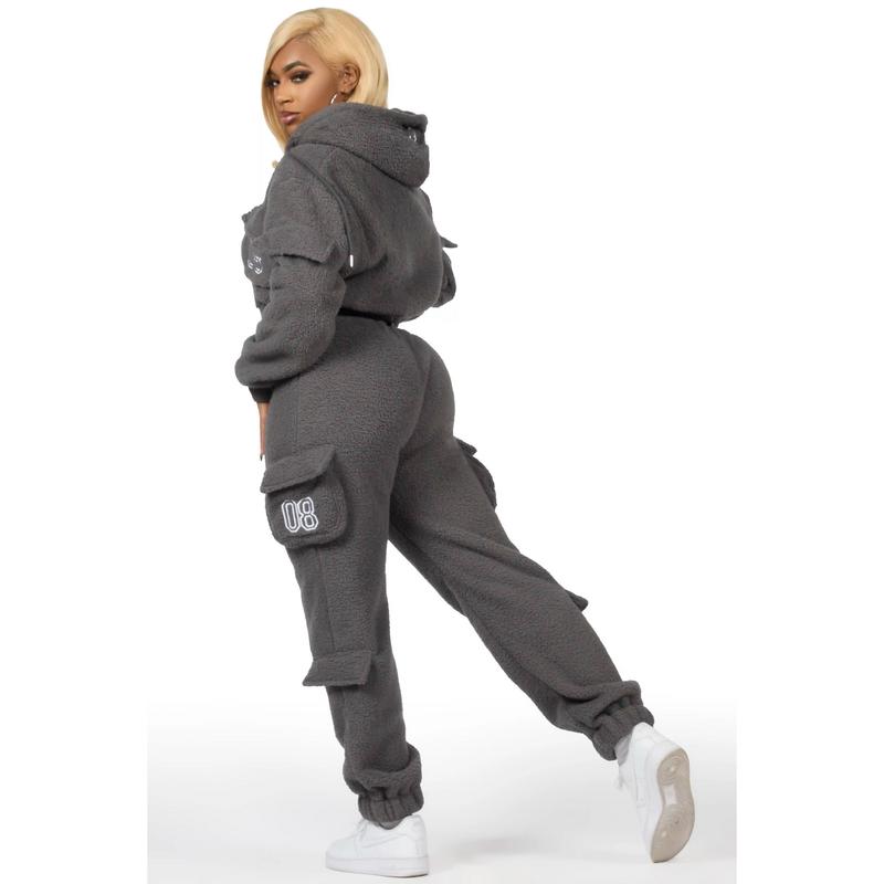 Renea Grey Sherpa Cargo Baggy Fit Track Set