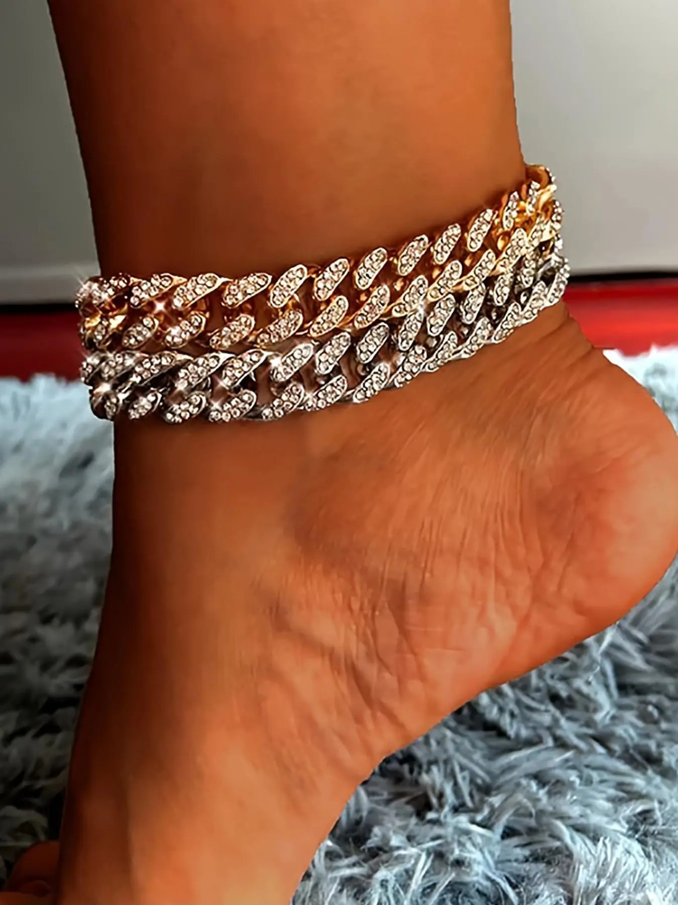 Rhinestone Decorated Cuban Chain Anklet for Women & Girls, Fashion Jewelry for Party, Daily Clothing Decor, Trendy All-match & Exquisite Jewelry for Birthday Gift, Trendy Jewellery Accessories, Trendy Fashionable Accessories, Fashion Cool Accessories