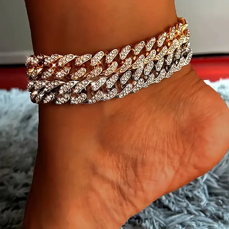 Rhinestone Decorated Cuban Chain Anklet for Women & Girls, Fashion Jewelry for Party, Daily Clothing Decor, Trendy All-match & Exquisite Jewelry for Birthday Gift, Trendy Jewellery Accessories, Trendy Fashionable Accessories, Fashion Cool Accessories