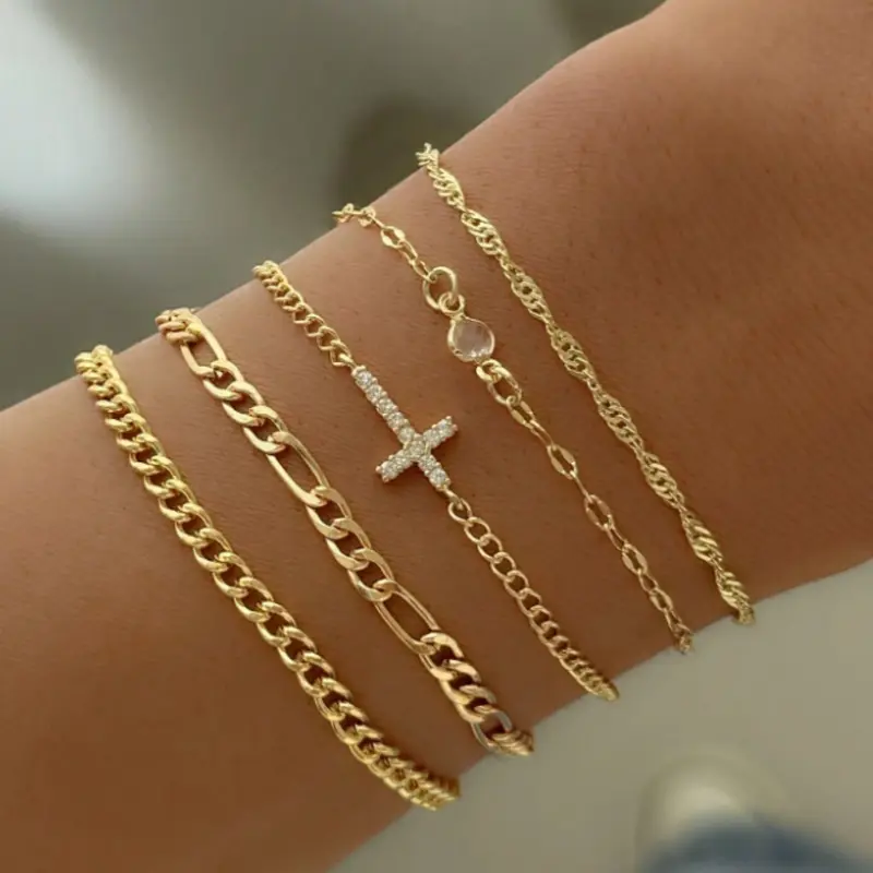 5pcs High-Quality Cubic Zirconia Cross Decorated Stackable Bracelets, Fashionable, Suitable For Women's Parties, Gatherings, Daily Wear, Holidays, And Gifts, Cuban Chain Bracelets, Jewelry Bracelet Stackable Bracelet Set, Stacked Bracelets