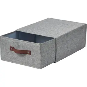 Closet Drawer Organizer Stackable Fabric Storage Boxes Bins Baskets with Lid PU Leather Handles Foldable Washable Cotton Linen Wardrobe Shelf Clothes Towels Container Gray Large