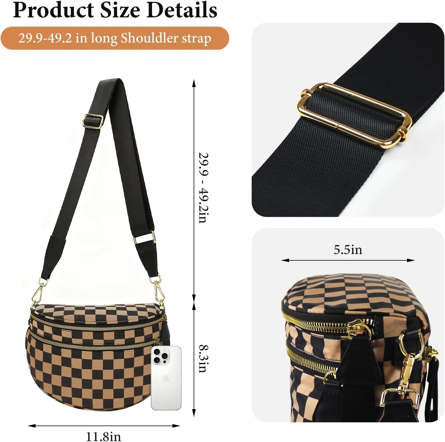 Checkered Sling Backpack Crossbody Chest Bag Fanny Pack with Adjustable Strap Custom Lady Fashion Checkered Print Sling Bag Crossbody  main image 2
