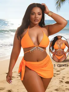Women's Plus Size New Chain Pure Color Sexy Halter Tie Front Bikini Set with Cover Skirt, Three-Piece Swimsuit for Beach Pool, Halter Neck Swimwear, Swimwear Set