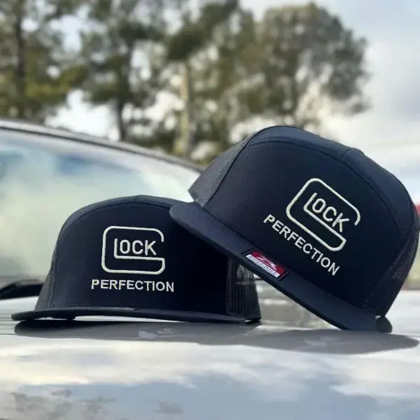 Glock Perfection Camo Trucker Hat, Tactical Snapback Cap, Flat Bill Mesh Hunting Hat, Outdoor Sports Hat, Gift for Shooting