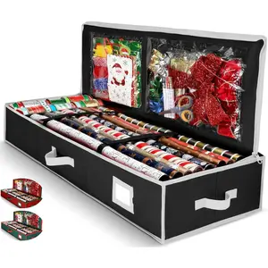Premium Wrapping Paper Organizer Storage Gift Wrap Holder With Extra Pockets for Christmas Decorations Reinforced Handles Heavy Duty Ultra-Durable Tear-Proof Fabric Fits Up to 27 Rolls Black