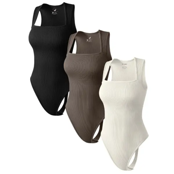Soo slick Women's Shapewear Bodysuits - 3-Piece Sleeveless Ribbed Square Neck Tops with Smooth, Fitted, Basic, Comfortable Everyday Tummy Control