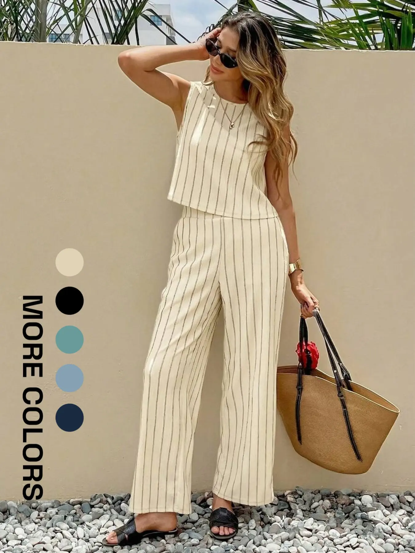 Summer French Striped Round Neck Vest and Pants Set, Casual Loose-Fit Sleeveless Top, High-Waisted Wide-Leg Pants, Women's Beachwear, Clothes