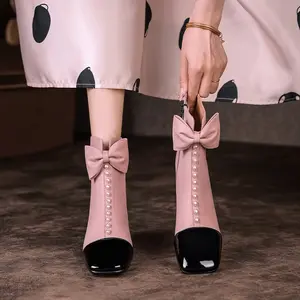 Women's Pink Bow-Knot Ankle Boots Fashionable Comfortable Casual Mid-Heel Footwear with Zipper Closure Plain Toe Block Heel Fabric Insole Rubber Sole Stylish Outdoor Shoes Bota Ballroom Chef