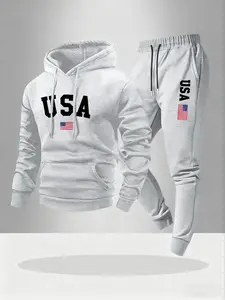 Men's Hooded Sweatshirt Set 2-Piece Letter Print Casual Sportswear, Drawstring Pants, Loose-Fitting Fall & Winter, Streetwear Tracksuit Set