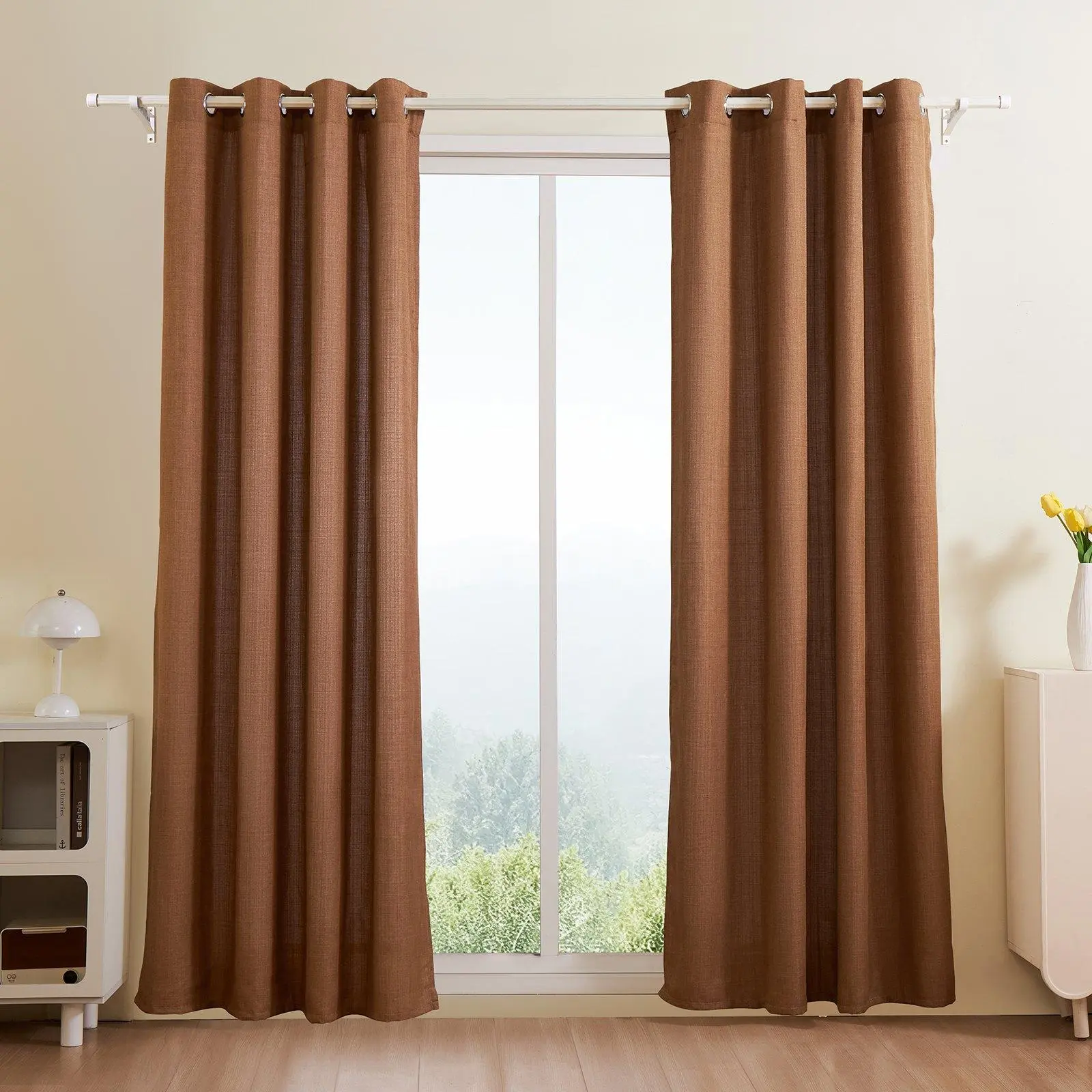 Natural Linen Grommet Curtains, 52x84 in 2-Panel Set, Thick Flax-Textured Light-Filtering Drapes with Privacy, for Living Room, Bedroom, Farmhouse Window