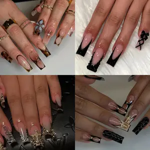 96 Long Square Nail Art Set, Luxury Tortoiseshell Gold Decor, Gothic Lace Bow, Leopard Cross, High Gloss Gel Nails, Salon Quality Nails