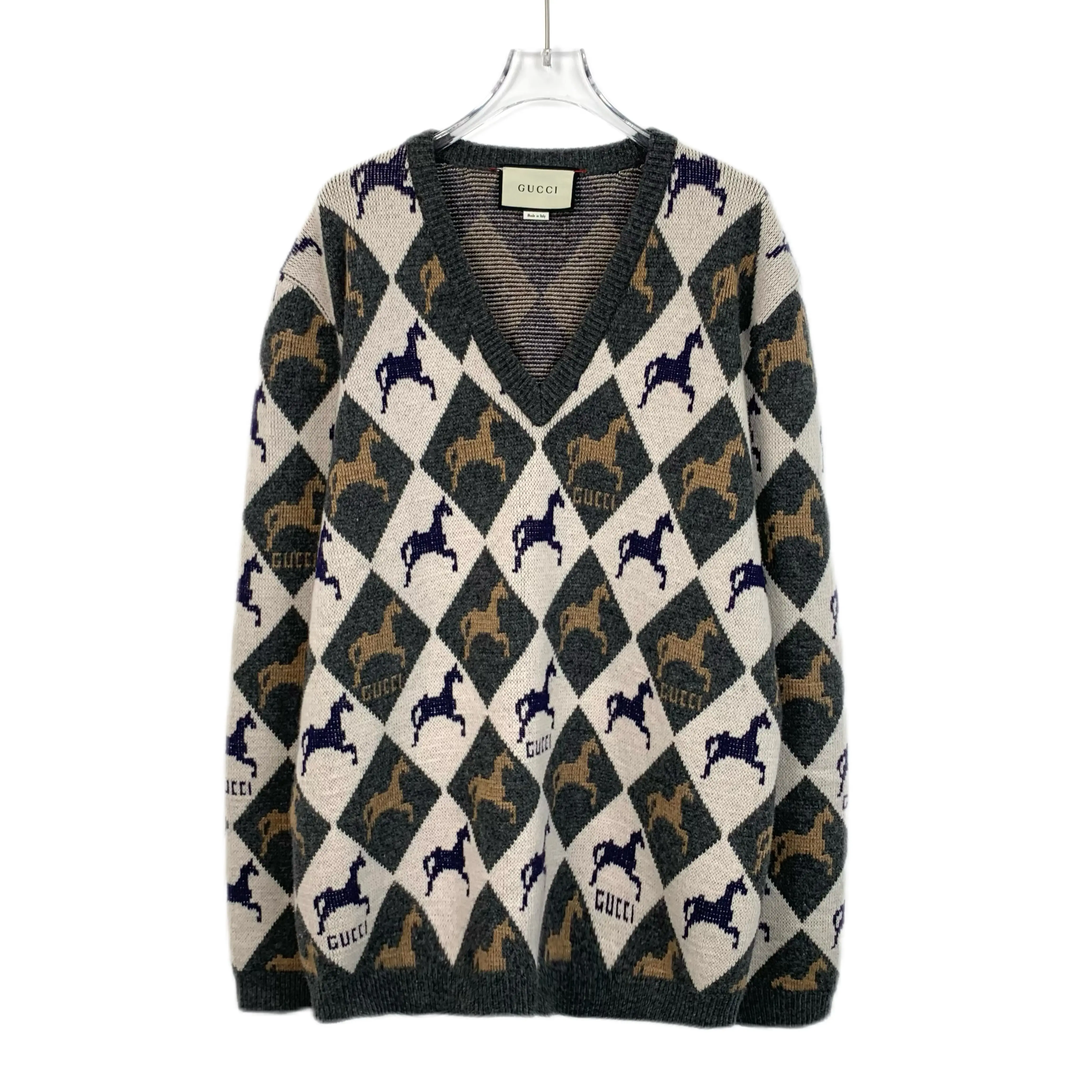 RDLT- Gucci Multicolor Equestrian V-Neck Wool Knit Sweater Size M