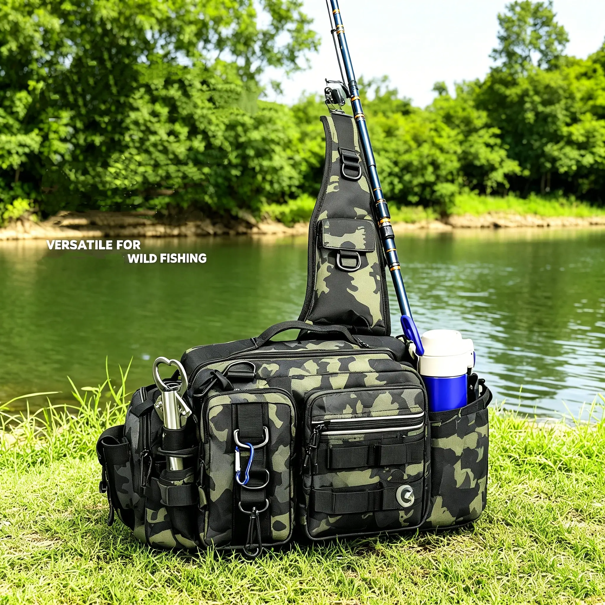 Multi-Pocket Fishing Sling Pack, Durable Fishing Tackle Waist Bag with Rod Holder, Lightweight Outdoor Fishing Gear Organizer, Fishing Gear Storage, Fishing Gear Accessories, Fishing Rod Carrier