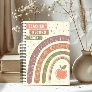 1pc Spiral Teacher Planner 5.5x8.3inch, Double-sided Printed Lesson Plans, Colored Pencil and Apple Design, Weekly and Monthly Layouts, Attendance and Grade Tracking, Durable Spiral Binding, Suitable for School, Office, and Classroom Organization