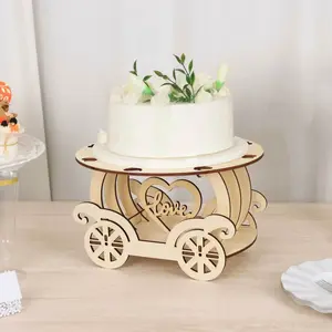 Wooden Wedding Cake Stand 12" Carriage Shape Natural with Laser Cut Design - Round Cupcake Holder Display Plate