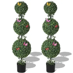2 Pack 4 FT Artificial Boxwood Topiary Tree, Triple Ball Topiary Trees in Pot, Faux Plants Ball Trees, Indoor Outdoor Faux Plants Potted Trees for Front Porch Garden Room office