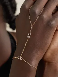 Geometric Hollow Out Hand Chain Bracelet, Adjustable Cuff, Adjustable Rhinestone Finger Ring, Fashion Jewelry for Parties, Daily Wear, Holiday Gift