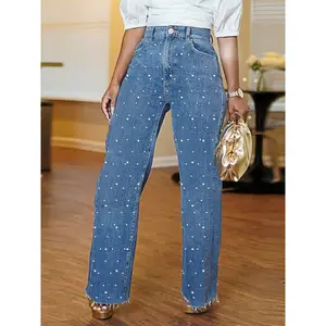 Women’s fashionable pearl-embellished denim jeans with a comfortable elastic waistband, featuring a stylish wide-leg straight-leg cut, suitable for casual wear.