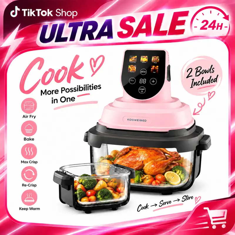 4QT Capacity Corded Glass Air Fryer Multi-Cook System - 5-in-1 1500W Kitchen Appliance, 3-4.99L Non-Toxic Detachable 6-Cup Glass Pot, 90% Less Oil Fast Cooking Countertop Fryer, Dishwasher Safe Compact Model for Family Use Snacks