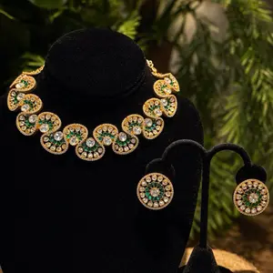 22K Gold Plated Emerald Statement Necklace Set | Handmade Doublet Jewelry | Real Moissanite #002