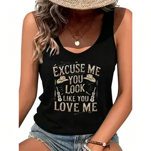 Women'S Black Sleeveless Vest with Printed Cowboy Hat And Guitar Pattern And Text 'Excuse Me You Look Like You Love Me', Summer Casual And Vacation Wear