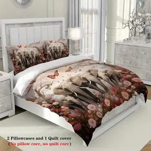 Elephant Family Print Bedding Set, 1 Fitted Sheet and 2 Pillowcases, Breathable Polyester Fiber, All-Seasons, Suitable for Teens and Adults