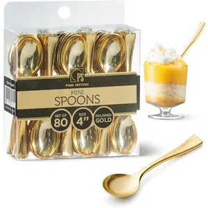 Plastic Mini Gold Spoons, 4 inch Gold Dessert Spoon Disposable, Small Plastic Spoons For Dessert, Tiny Little Appetizer Spoon Golden (80 Pack)