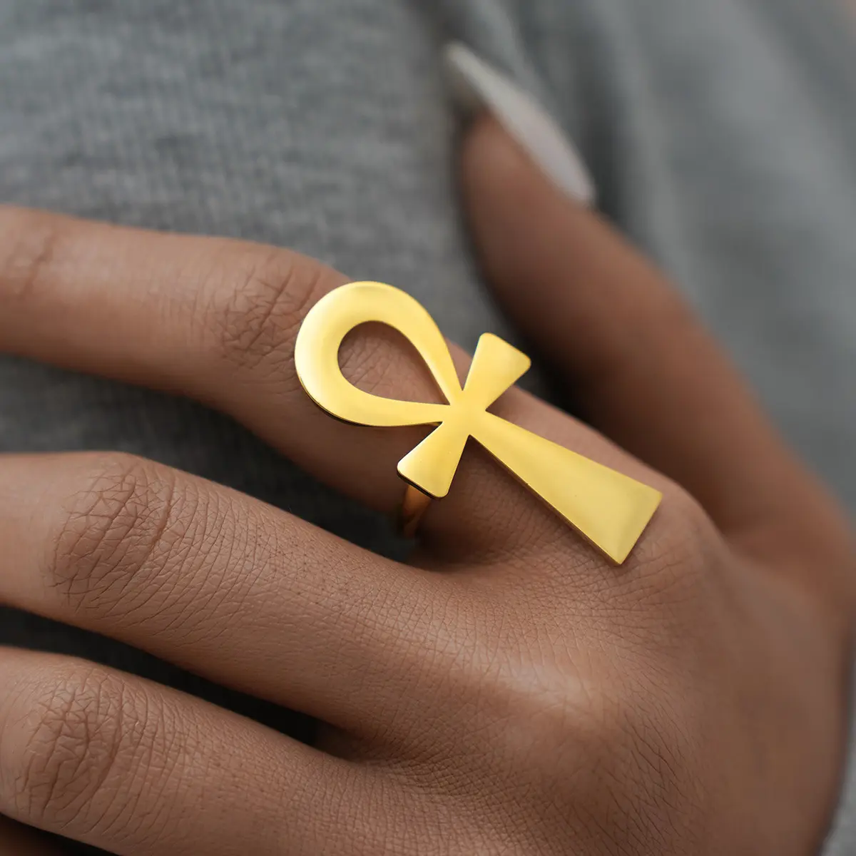 1PC Ankh Cross Statement Ring for Women, Gold Tone Stainless Steel Egyptian Mythology Band, Vintage Mystical Religious Jewelry for Daily & Party Wear, Birthday Gift for Her