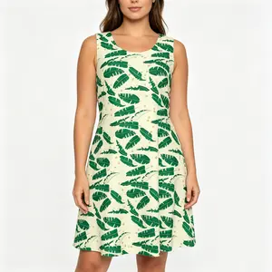 Beach Dresses for Women Summer 2026 New Sleeveless Crew Neck A Line Knee Length Flowy Tropical Sundress Green Banana Leaf Print Hawaiian Vacation Outfits Casual Loose Fit Cruise Travel Pool Party Daily Dress