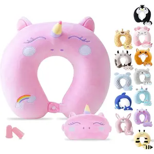 Cute Neck Travel Pillow for Kids Adults, Memory Foam Airplane Pillow with Sleep Mask Neck Support Head Rest for Cars Long Flights (Pink, 9-12 Y/O)