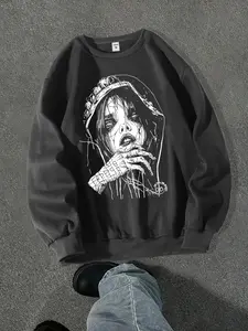 Men's Gothic Cartoon Portrait Print Crew Neck Sweatshirt, Casual Street Style Fitted Pullover for Spring & Fall, Trendy Fashion Choice, Streetwear, Halloween