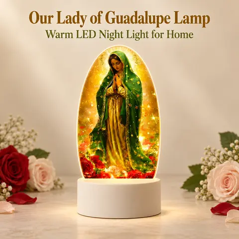 Sacred Our Lady of Guadalupe 3-Color Acrylic Body USB Portable LED Light - 6.22in/15.8cm, 3-color01, 3color Mood Light, Ornate Boxed Catholic Religious Decorations, Baptism Gift, Prayer-Room Ambiance Supply (Rose Motif, Holiday-Ready)