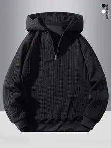 Men's Velvet Texture Half-Zip Pullover in Interlock Knit Fabric - Wind-Resistant & Warm for Everyday Casual Wear with American & European Campus Vibe