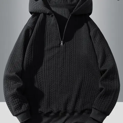 Men's Stylish Velvet Half-Zip Interlock Knit Fitted Hoodie - Windproof Warm Elastane Thick Fabric Outerwear, Long Sleeves for Cozy Coverage, Casual Preppy Aesthetic (Father's Day Gift Option), Knitting