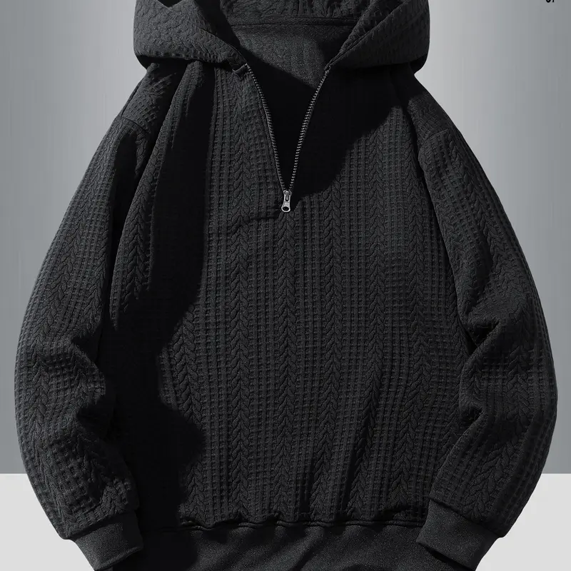 Men's Stylish Velvet Half-Zip Interlock Knit Fitted Hoodie - Windproof Warm Elastane Thick Fabric Outerwear, Long Sleeves for Cozy Coverage, Casual Preppy Aesthetic (Father's Day Gift Option), Knitting
