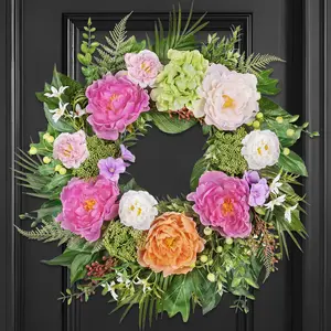 24 Inch Spring Summer Wreaths for Front Door: Realistic Silk Peonies & Hydrangeas with Berry Greenery, Faux Flower Wreath for All Seasons Indoor Outdoor Decor for Porch Wall Wedding Farmhouse Home