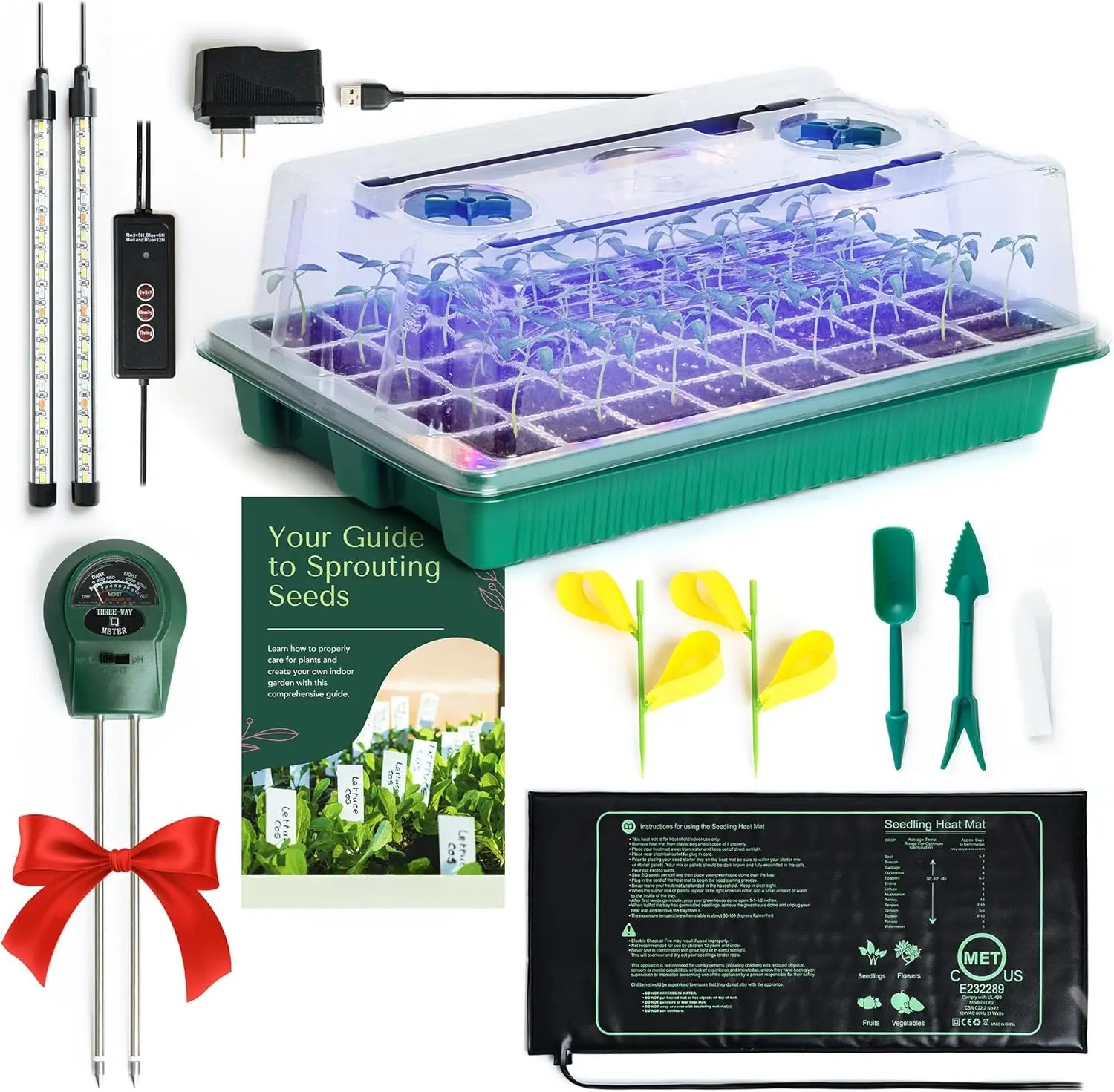 40-Cell Seed Starting Kit, Upgraded Germination & Propagation Station with LED Grow Lights, Heat Mat, 3-in-1 Soil Meter & Sticky Gnat Traps for Indoor Home Garden Greenhouse Supplies