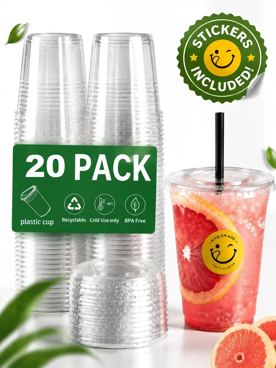 Disposable Clear Plastic Cups with Lids and Straws, 20/40/60 Pack 16 oz