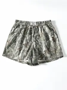 Vintage Street Withered Branch Camo Print Loose-Fit Gym Shorts, Summer Casual Style, Moderate Fabric Thickness, Comfortable Fit