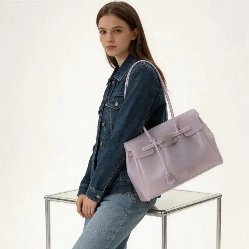 Same-style jelly bag: 2026 new transparent TPU Kelly-style tote handbag for women (summer collection).