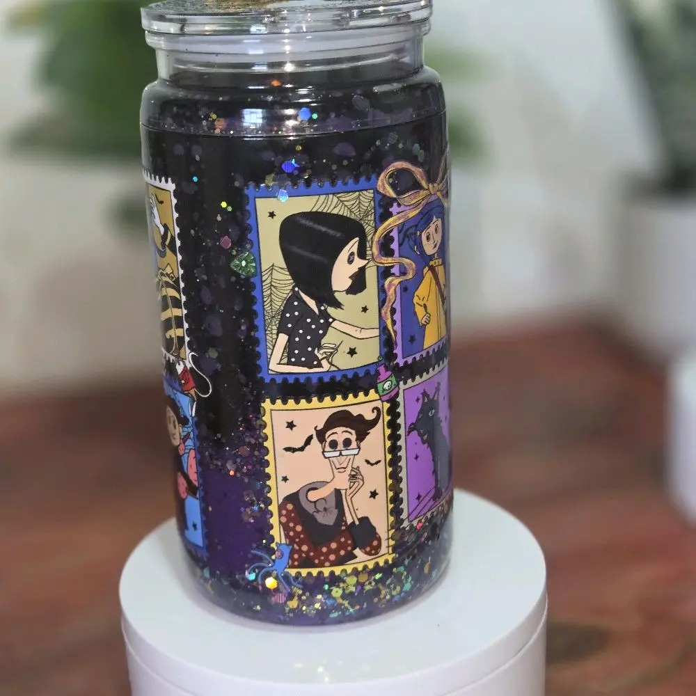 glitter lava effect snow glove tumbler with floating glitter in liquid between walls vaso tipo snow globe