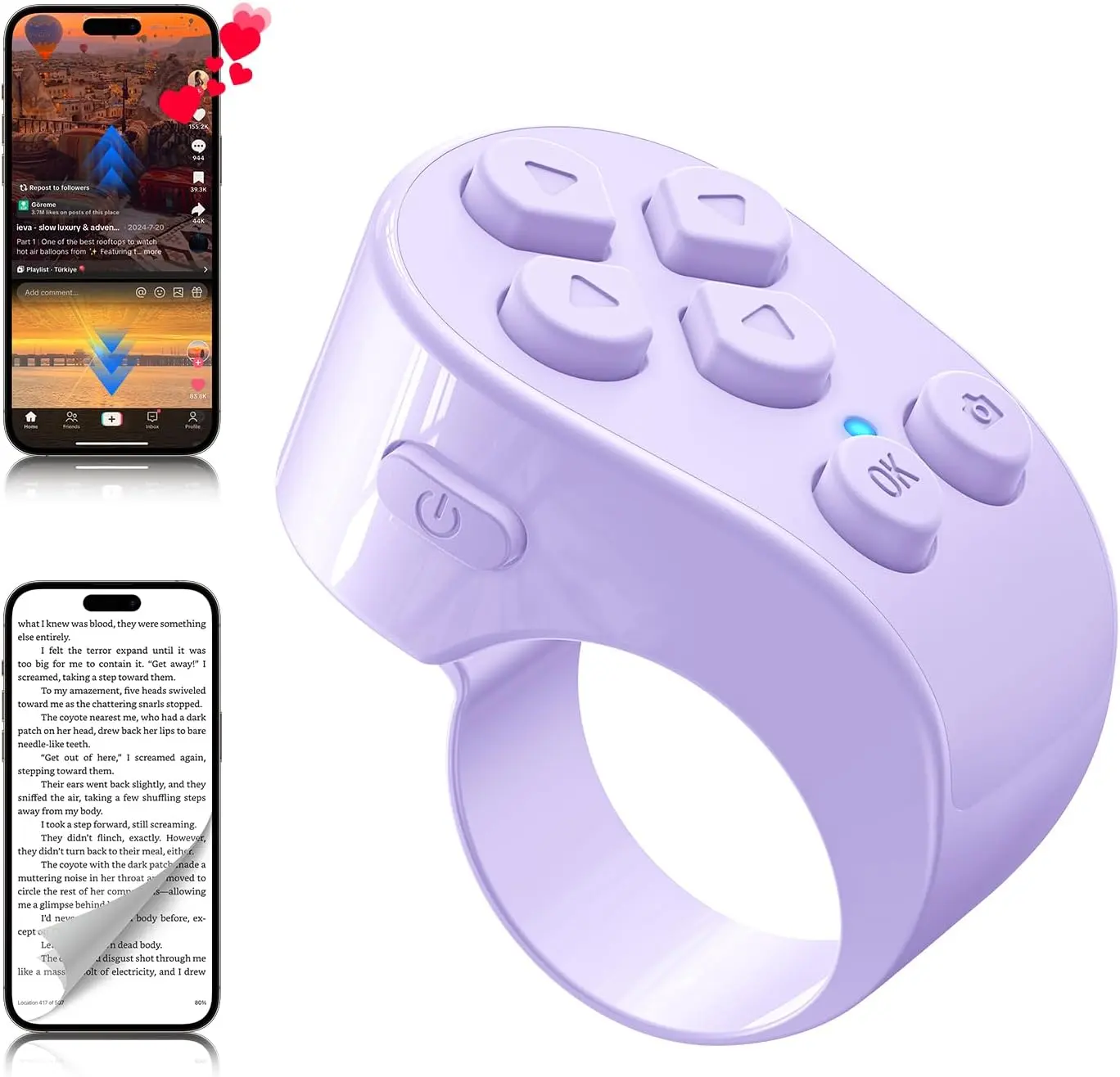 Tiktok Scrolling Ring Remote Control,Page Turner for Ipad Iphone & Android Tablet,Bluetooth Camera Remote, Scrolling Ring for Tiktok,Youtube,Instagram,Ios,Android (Purple) SHENZHEN HAIGUODA TECHNOLOGY CO., LTD