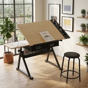 [Bellemave] Adjustable Drafting Table with Stool| Tilting Tabletop| 2 Drawers & Side Storage| Home Office Desk