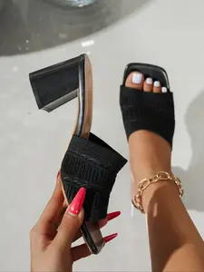 Knitted Chunky Heel Square Toe Slip-On Mules, Summer Outdoor Fashion High Heel Sandals, Textile Upper Rubber Sole